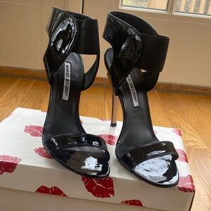 Manolo Blahnik Black Patent Leather Cutout Ankle-Strap Stilettos